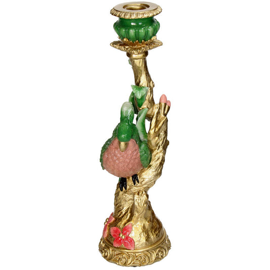 Castiçal Verde com Pássaro 34 cm – Porta Velas Decorativo Elegante em Polystone