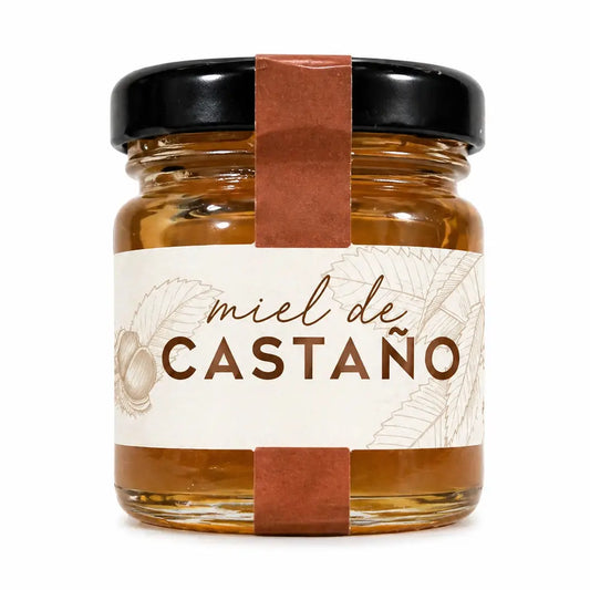 Frasco de Mel de Castanheiro de 50g com cor âmbar escuro e textura pura artesanal