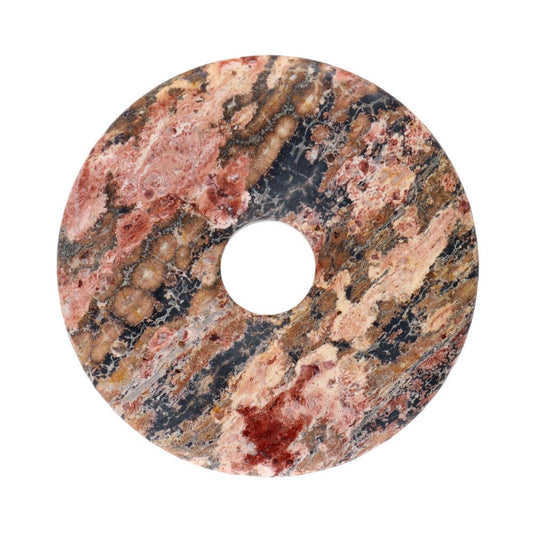 Pedra Pi Donut em Jaspe Leopardo natural de tamanho pequeno — Amuleto circular com padrões de manchas castanhas e pretas.