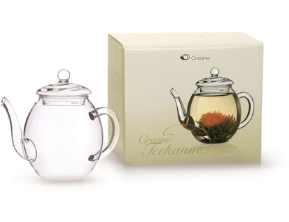 Bule de vidro transparente Creano com flor de cha a florescer no interior