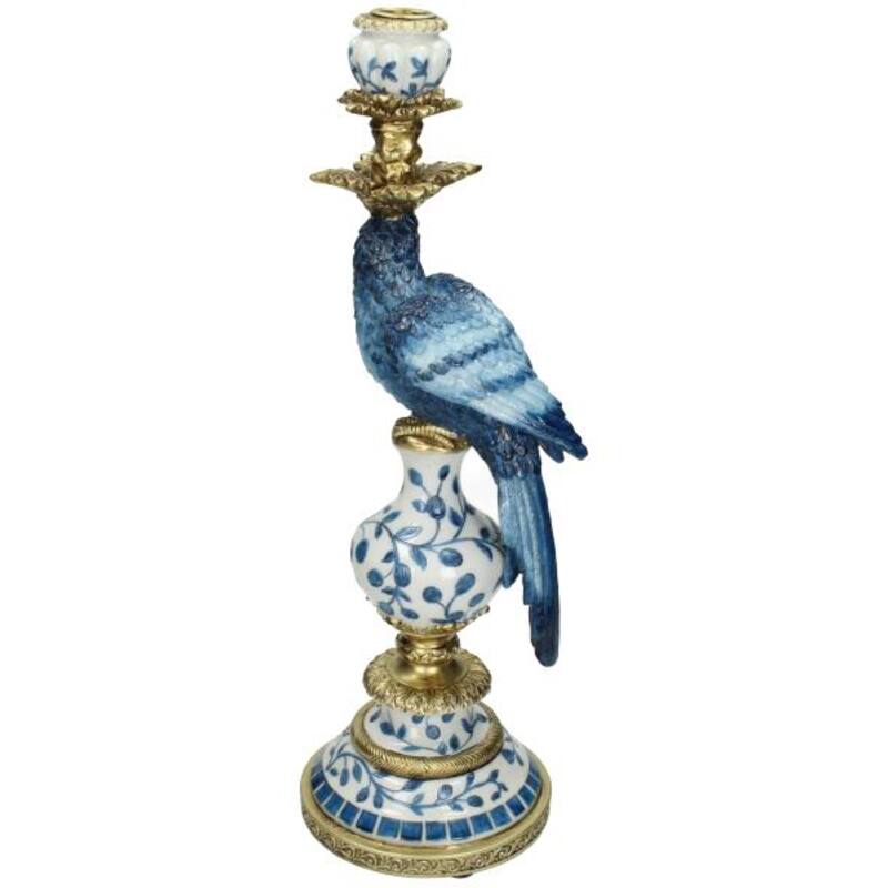 Castiçal Papagaio Azul Holandês em Polystone – 40 cm | Decoração Tropical Elegante