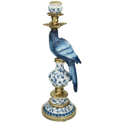 Castiçal Papagaio Azul Holandês em Polystone – 40 cm | Decoração Tropical Elegante