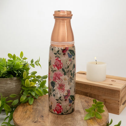 Conjunto de Cobre Puro com Garrafa e 2 Copos Estampado Flores