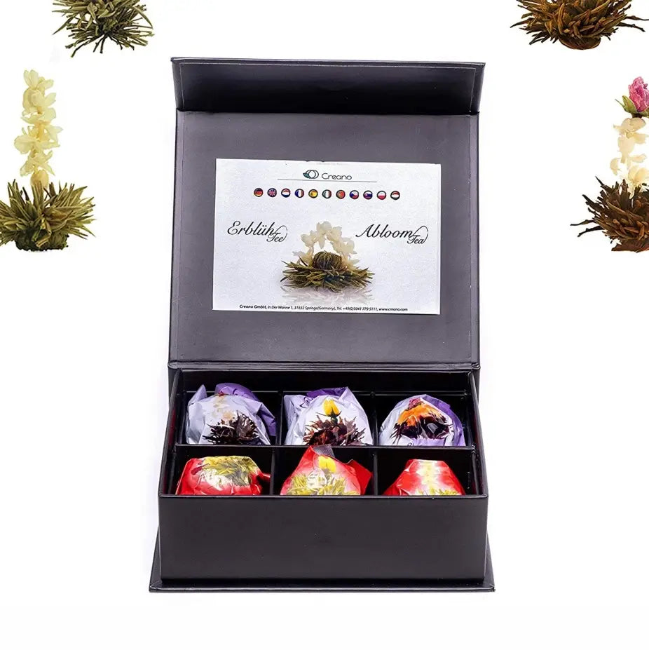 Conjunto gourmet Creano com caixa magnética e variedades de chá em flor White Affair e Solstice