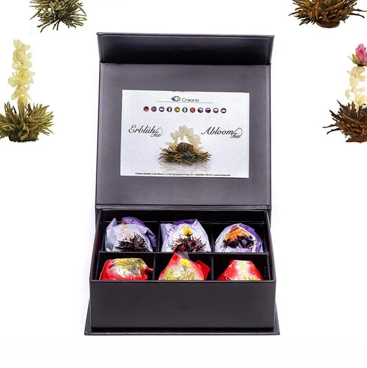 Conjunto gourmet Creano com caixa magnética e variedades de chá em flor White Affair e Solstice
