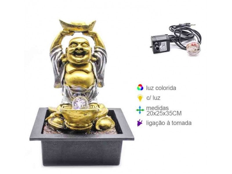 Fonte Feng Shui Buda da Fortuna Dourado com Lingotes e Bola de Cristal