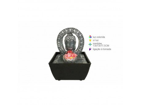 Fonte Feng Shui Buda Prata em Resina com Luz Colorida – 13x13x18 cm