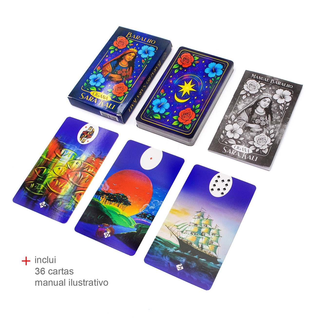 Baralho da Cigana Sara Kali com trinta e seis cartas esotéricas e manual de vinte páginas sobre a mesa.