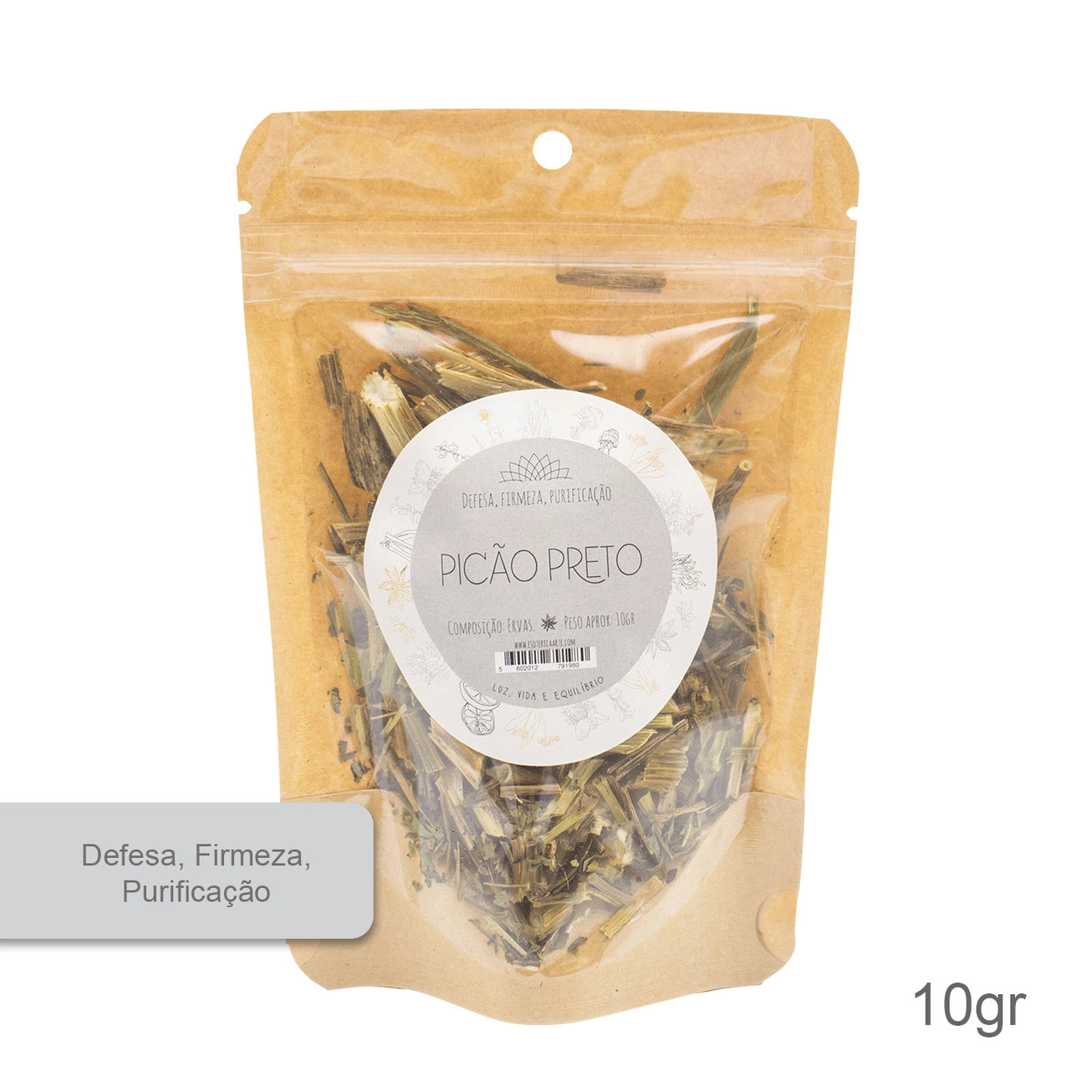 Embalagem de 10g de picão-preto desidratado com folhas e sementes secas para uso em banhos ritualísticos e defumação de ambientes.