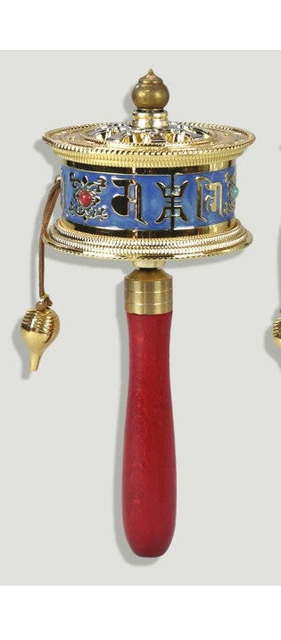 Roda de Oração Tibetana 21cm em Metal e Madeira Azul e Dourado | Mantras Espirituais