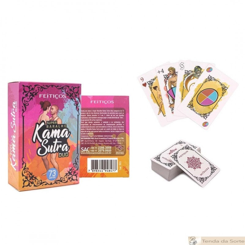 Caixa e cartas ilustradas do Super Baralho Kama Sutra Duo com 73 cartas para jogos de casal