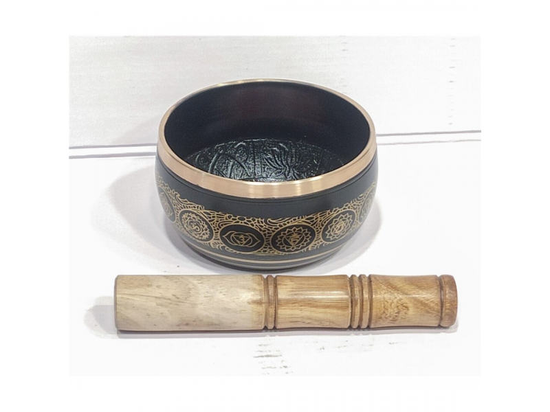 Taça Tibetana de Latão 11 cm Preta com Desenhos Dourados | Taça de Meditação e Relaxamento Sonoro