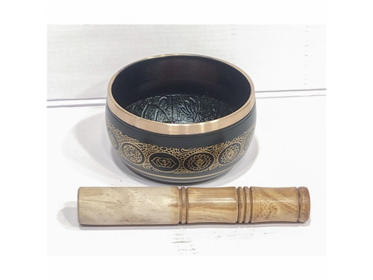Taça Tibetana de Latão 11 cm Preta com Desenhos Dourados | Taça de Meditação e Relaxamento Sonoro